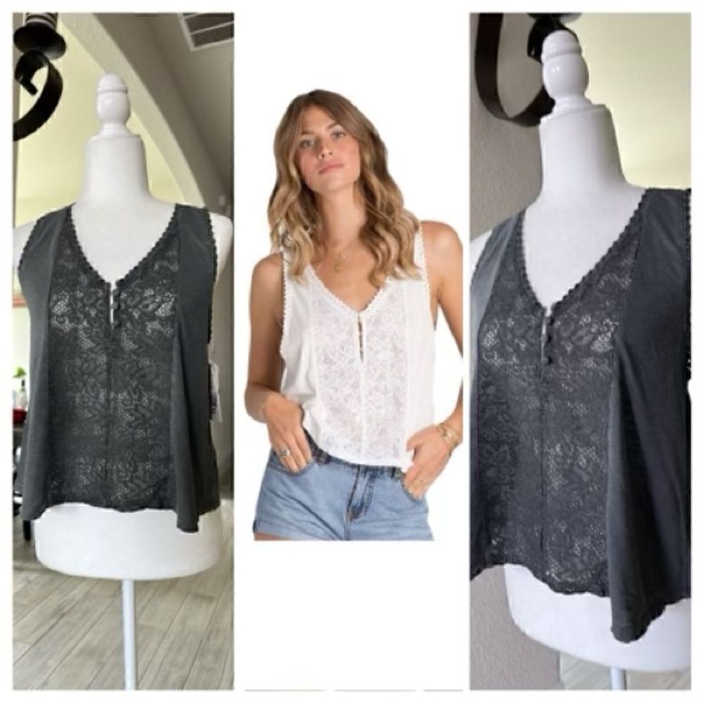 NWT BillaBong  Gray Tank Racerback Lace Flowy Lose Fit S Aztec Boho Sheer
